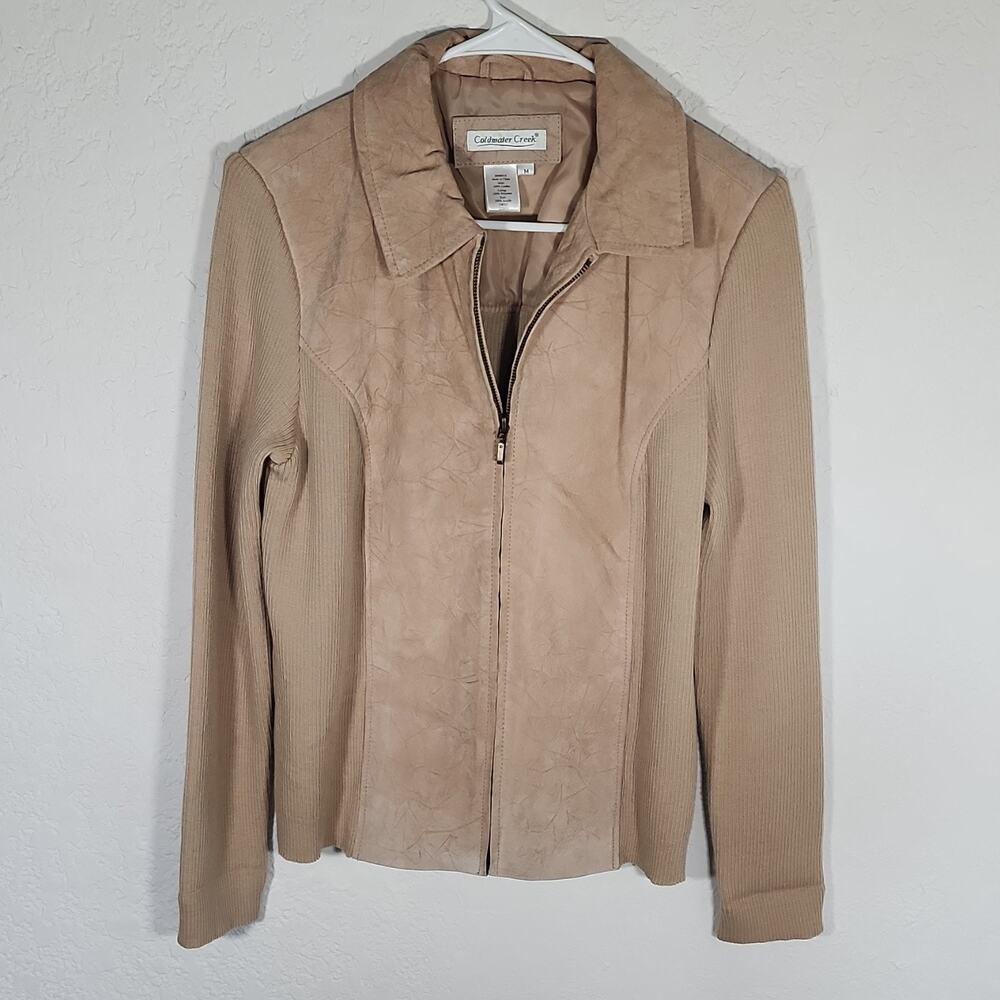 Coldwater Creek Beige Leather Collared Full Zip Mid-Length Women's Jacket Size M